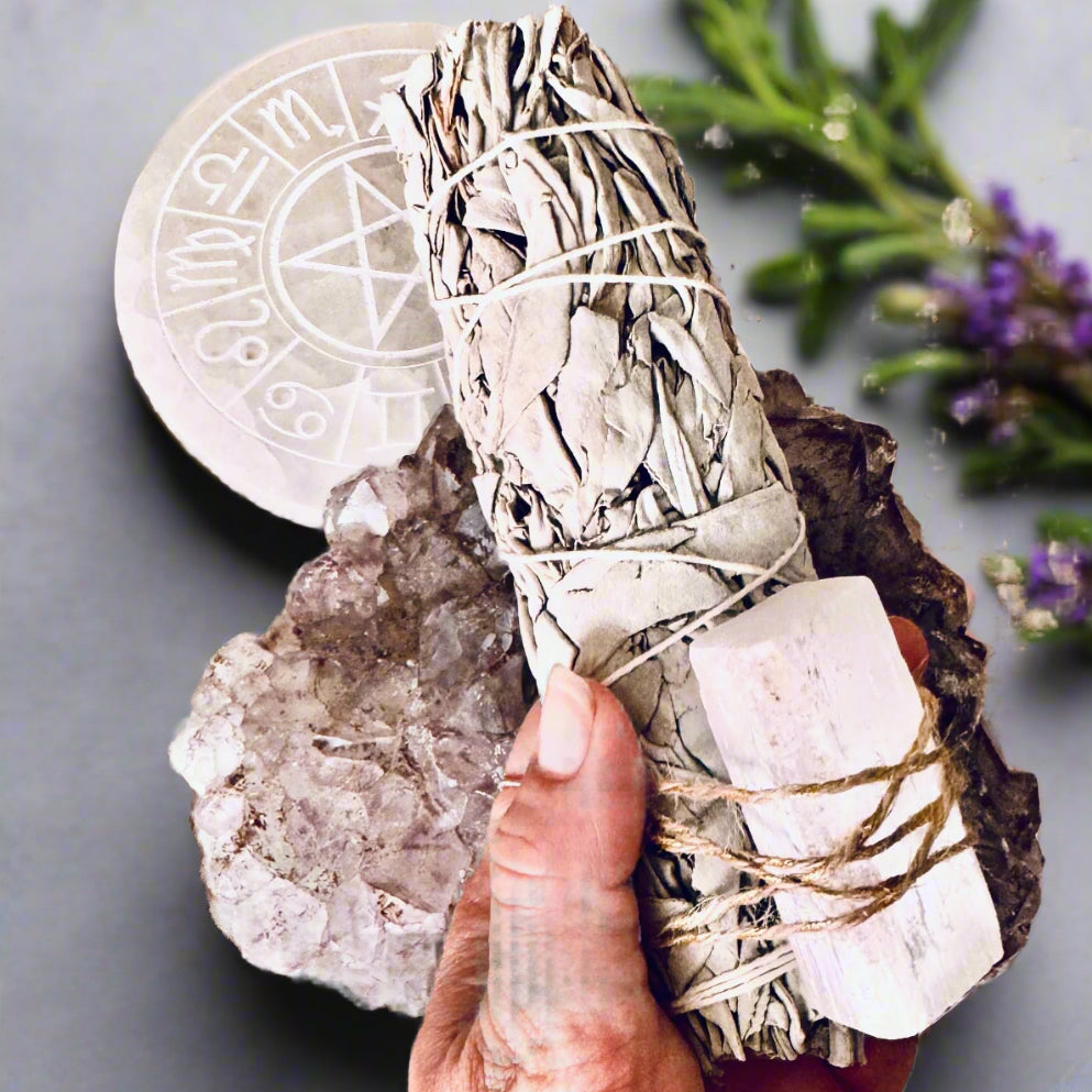 smudging, cleansing rituals, white sage, selenite crystals, amethyst crystal crystal grid, protection