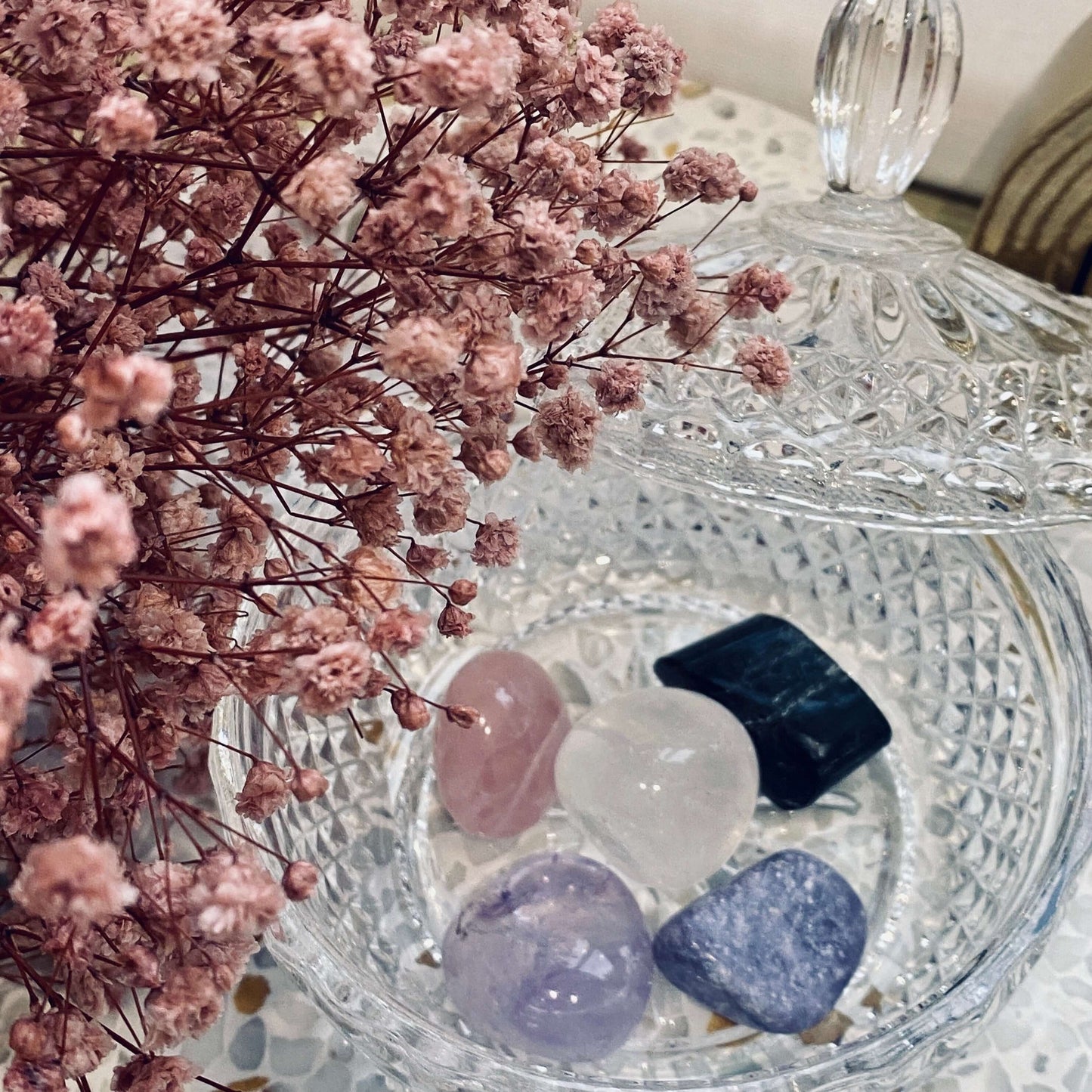 crystals, rose quartz, clear quartz, black tourmaline, amethyst, lepidolite, self love, rituals